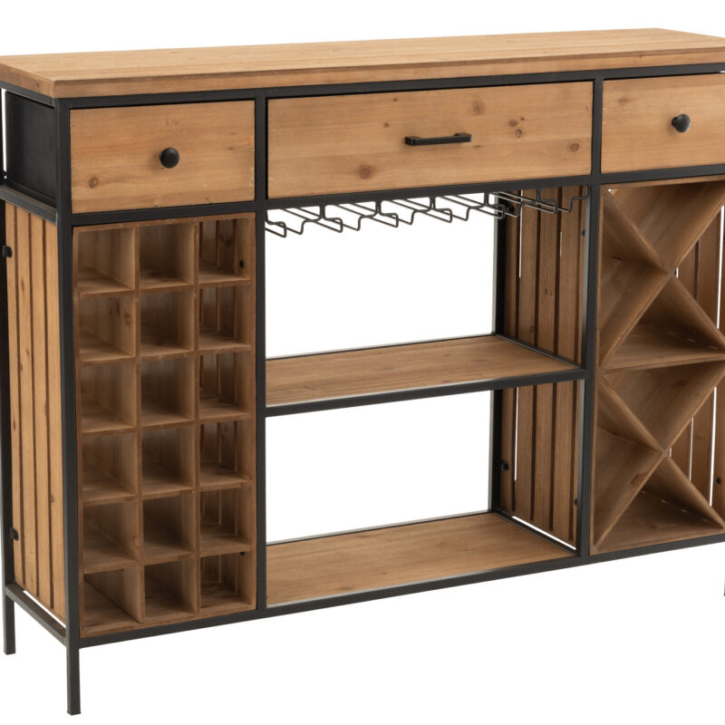 Bar-Sideboard aus Fichtenholz und Metall mit drei Schubladen
