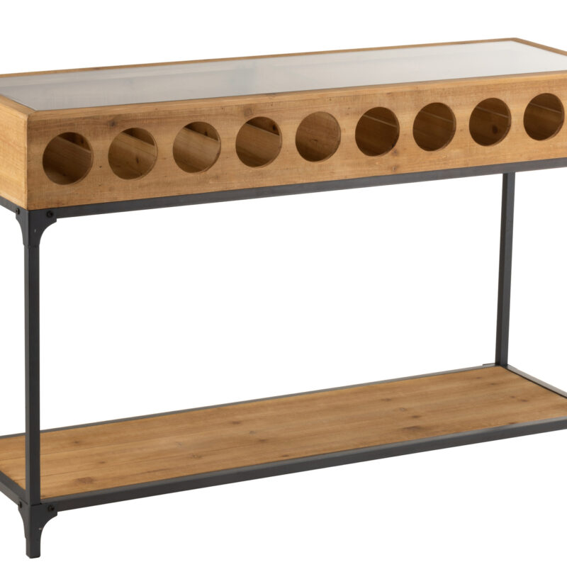 Konsole für Weinflaschen aus Fichtenholz, Stahl und Glas in Natur