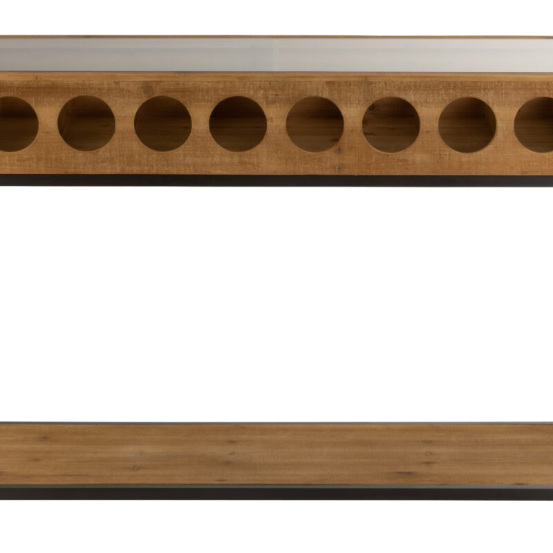 Konsole für Weinflaschen aus Fichtenholz, Stahl und Glas in Natur