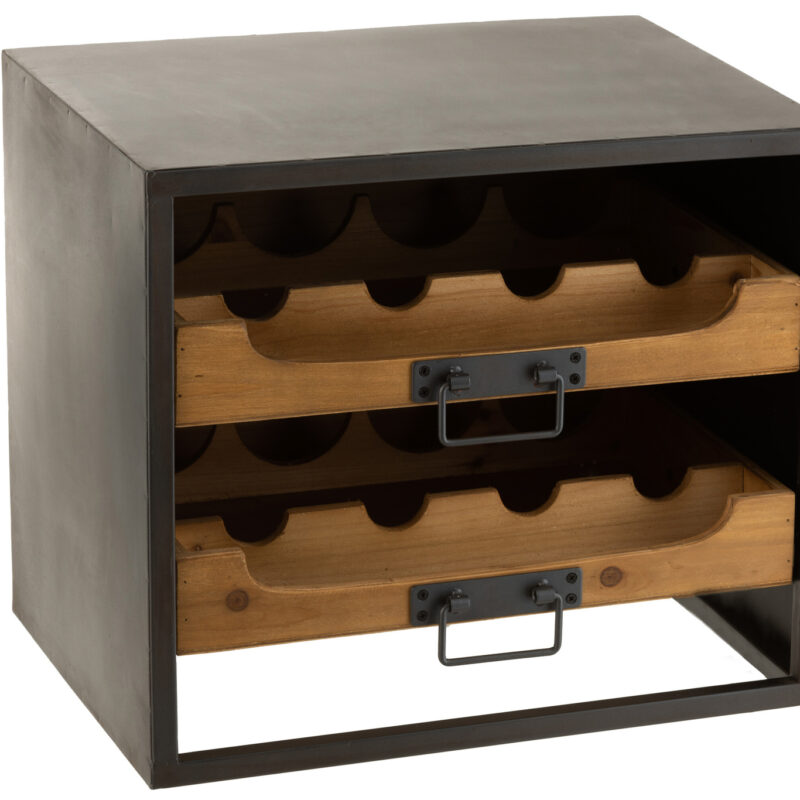 Weinschrank mit zwei Schubladen aus Metall und Fichtenholz in Natur und Schwarz
