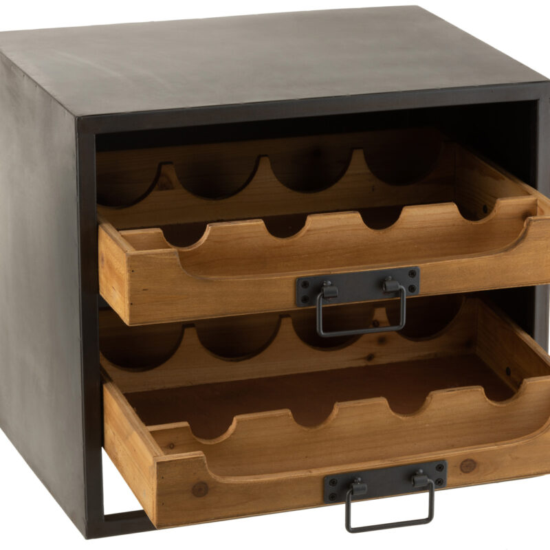 Weinschrank mit zwei Schubladen aus Metall und Fichtenholz in Natur und Schwarz