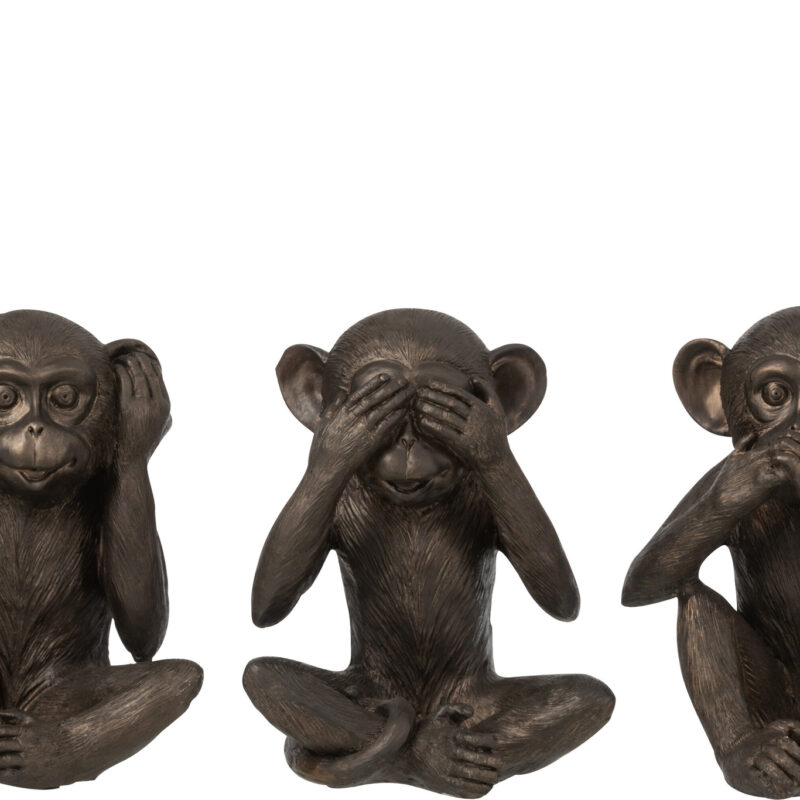 Set aus drei Polyester-Figuren „Nicht sehen, nicht hören, nicht sprechen“ in Braun