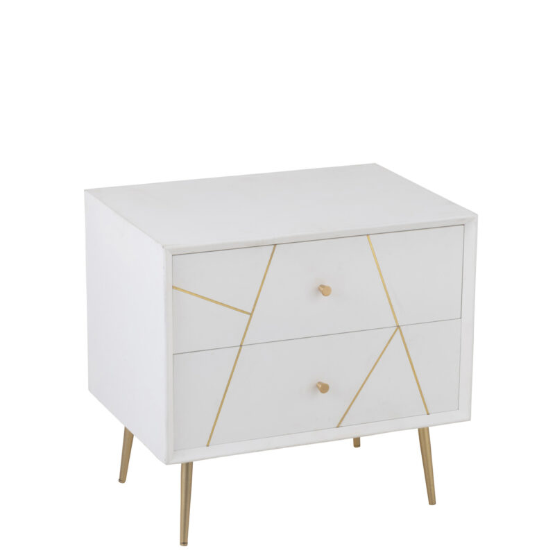 Nachttisch „Lines“ mit 2 Schubladen in Weiß/Gold