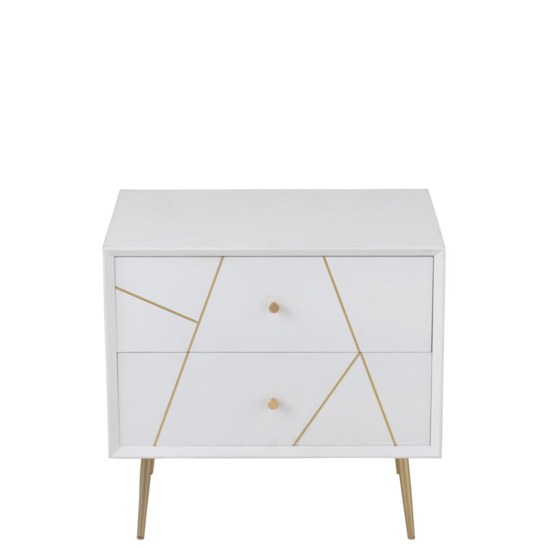 Nachttisch „Lines“ mit 2 Schubladen in Weiß/Gold
