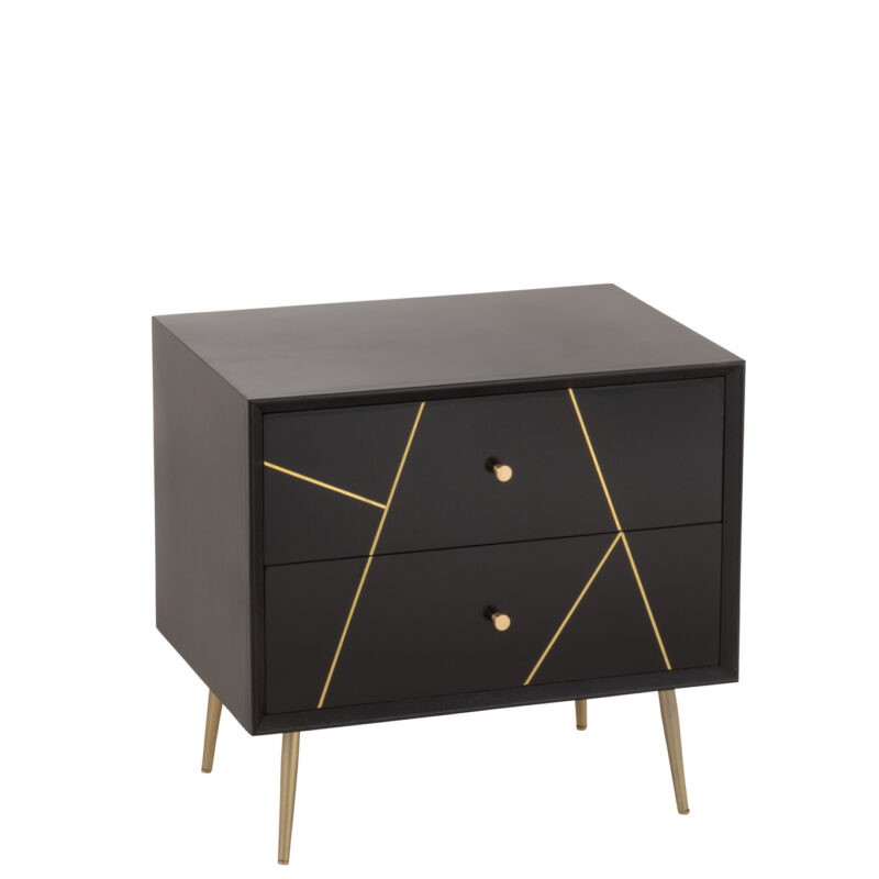 Nachttisch „Lines“ mit 2 Schubladen in Schwarz/Gold
