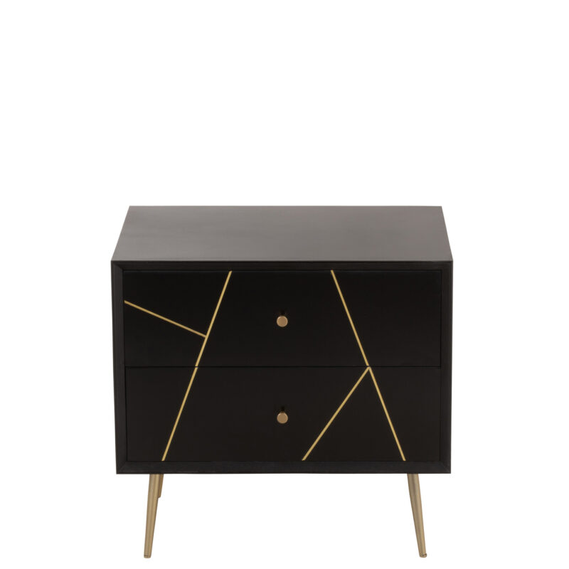 Nachttisch „Lines“ mit 2 Schubladen in Schwarz/Gold