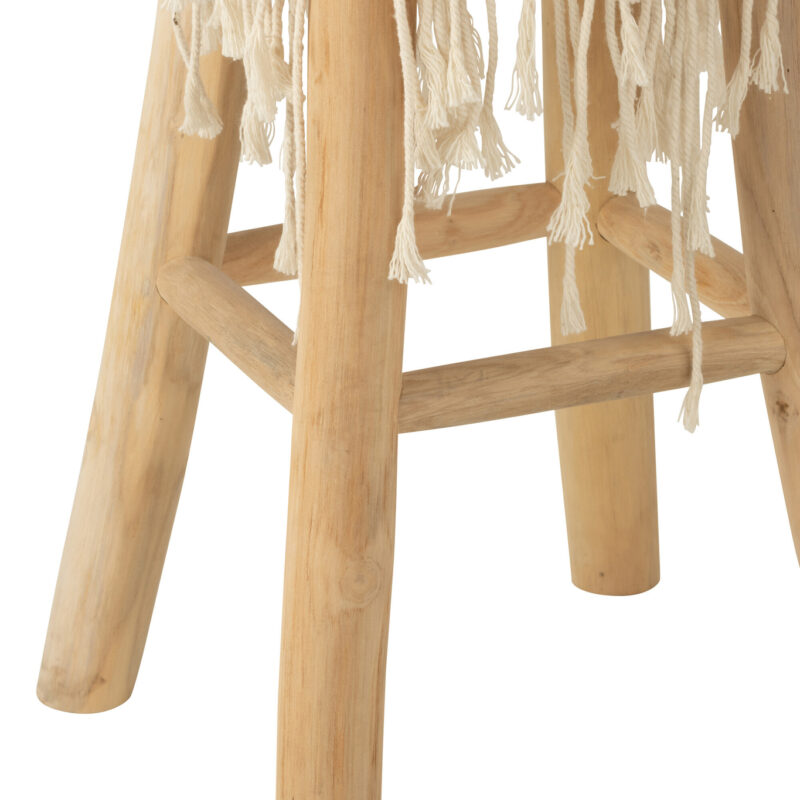 Hocker mit Fransen aus Holz und Makramé in Weiß