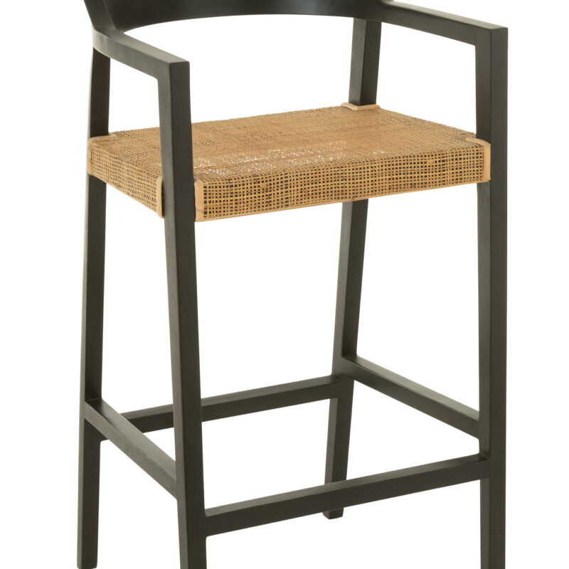 Barhocker „Emma“ aus Teakholz und Rattan in Schwarz/Braun
