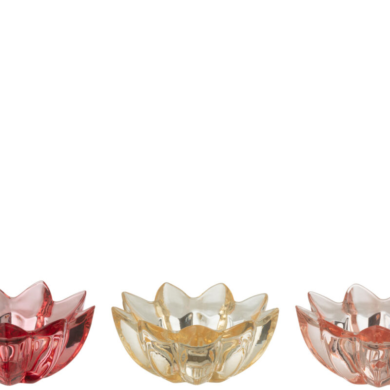 Set aus drei blütenförmigen Teelichthaltern aus Glas