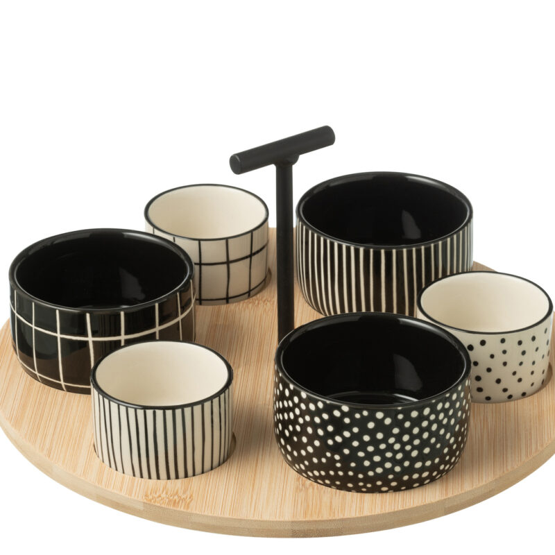 Tapas-Set für sechs Personen mit Bambus-Servierplatte in Schwarz und Weiß