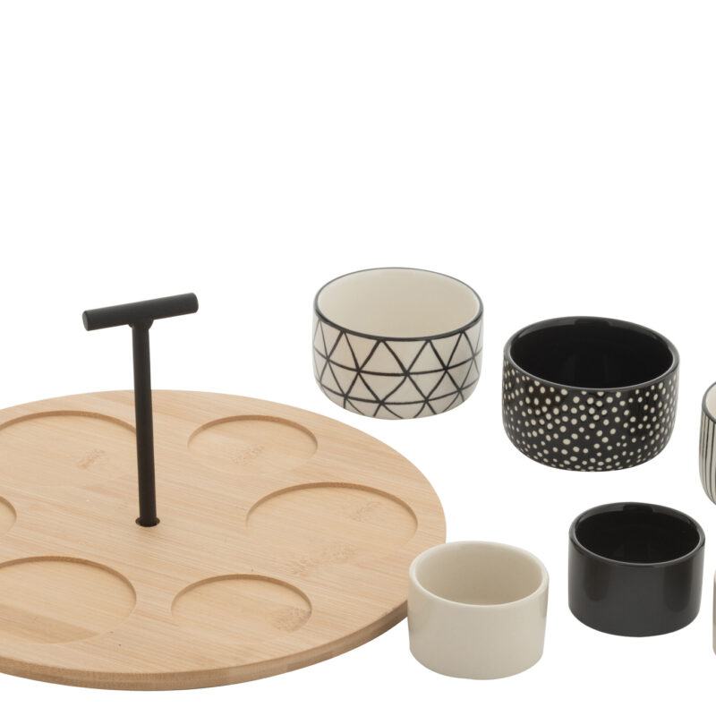Tapas-Set für sechs Personen mit Bambus-Servierplatte in Schwarz und Weiß