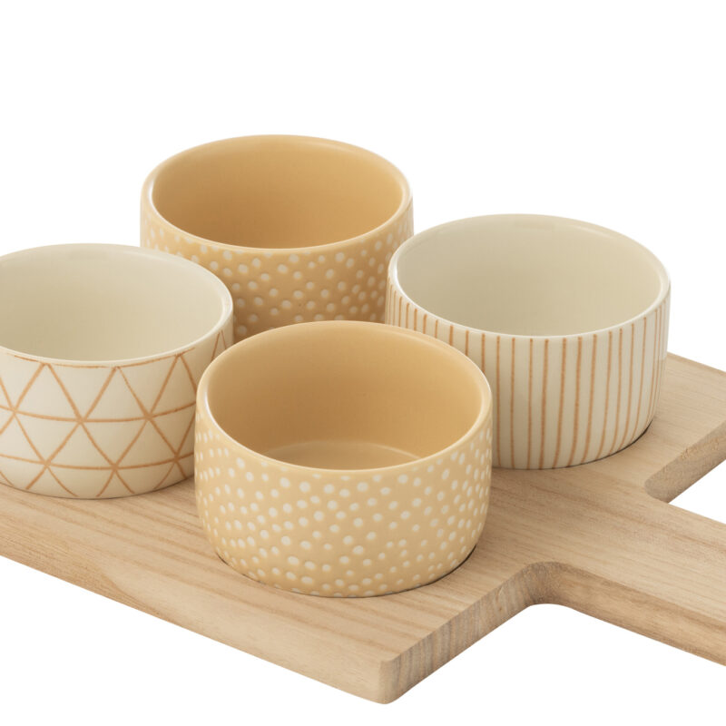 Vierteiliges Tapas-Service mit Paulowniaholz-Tablett in Creme und Elfenbein