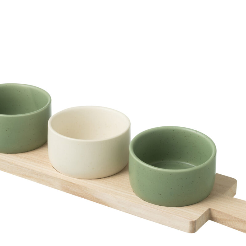 Dreiteiliges Tapas-Set mit Paulownia-Holztablett in Grün und Weiß