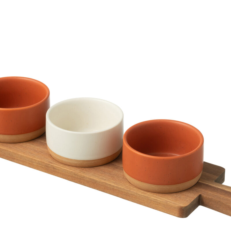 Dreiteiliges Tapas-Service mit Holztablett in Orange und Weiß