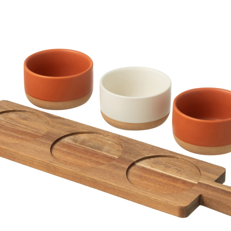 Dreiteiliges Tapas-Service mit Holztablett in Orange und Weiß