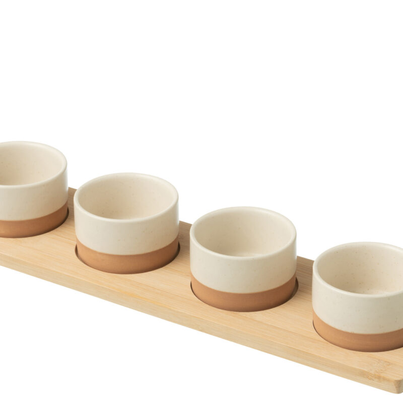 Vierteiliges Tapas-Set mit Bambus-Tablett in Weiß und Natur