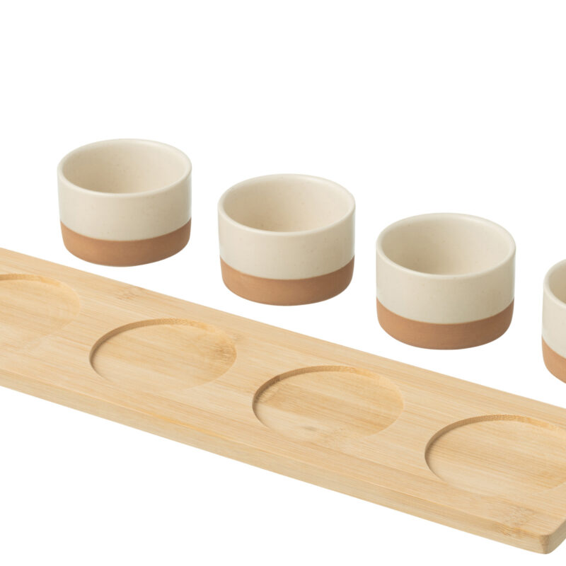 Vierteiliges Tapas-Set mit Bambus-Tablett in Weiß und Natur