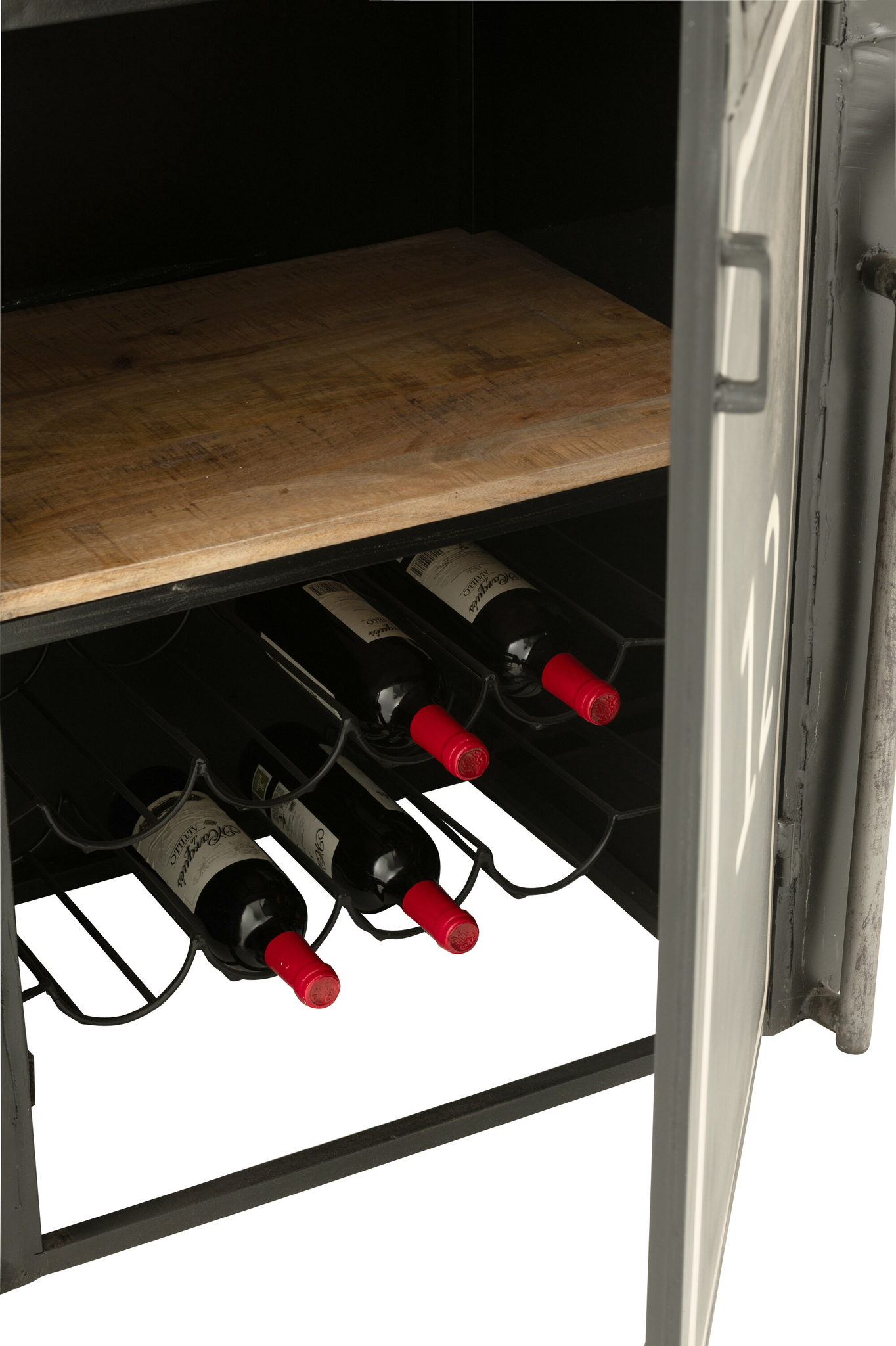 Bar- und Getränkeschrank aus Fichtenholz und Metall in Natur und Schwarz – Bild 12