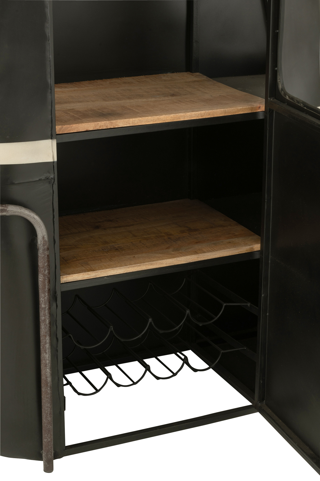 Bar- und Getränkeschrank aus Fichtenholz und Metall in Natur und Schwarz – Bild 10