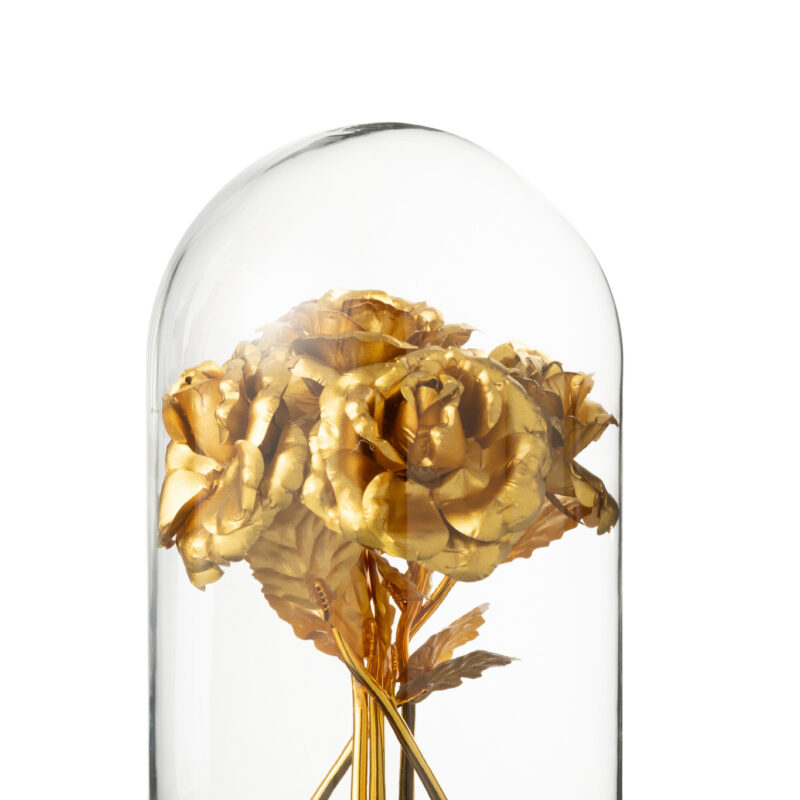 Dekorative Glashaube mit Rosenbouquet in Gold-Schwarz