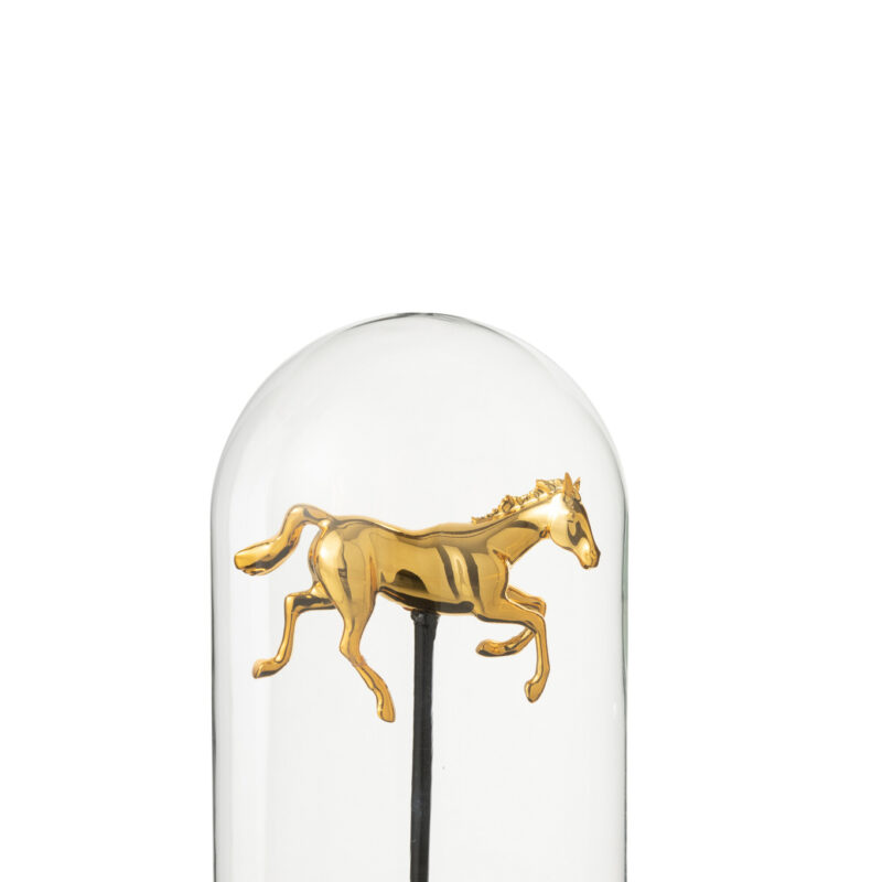 Dekorative Glasglocke mit Pferdefigur in Gold und Schwarz