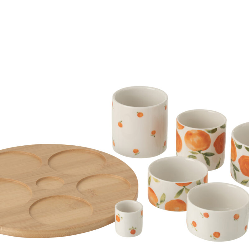 Großes Vorspeisen-Set aus weißer Keramik mit orangefarbenen Akzenten