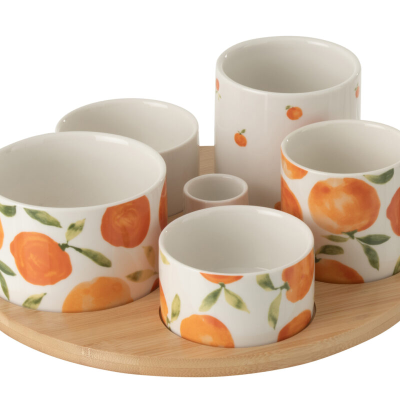 Großes Vorspeisen-Set aus weißer Keramik mit orangefarbenen Akzenten