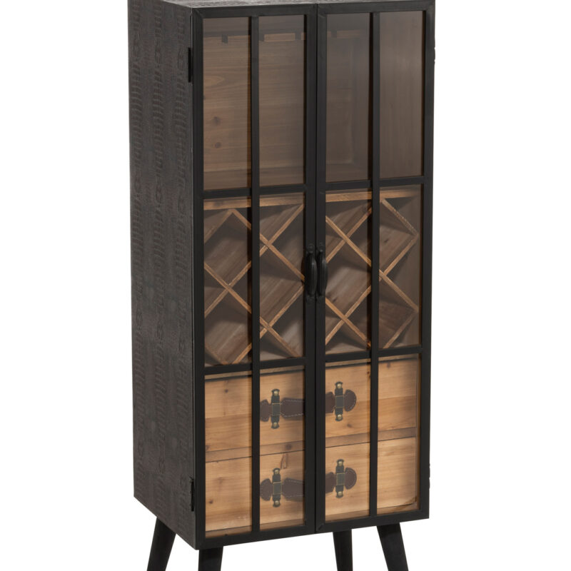 Bar-Schrank mit zwei Schubladen aus Holz und Glas in Schwarz