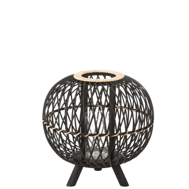 Kugelförmige Laterne auf Sockel aus Bambus in Schwarz Natur
