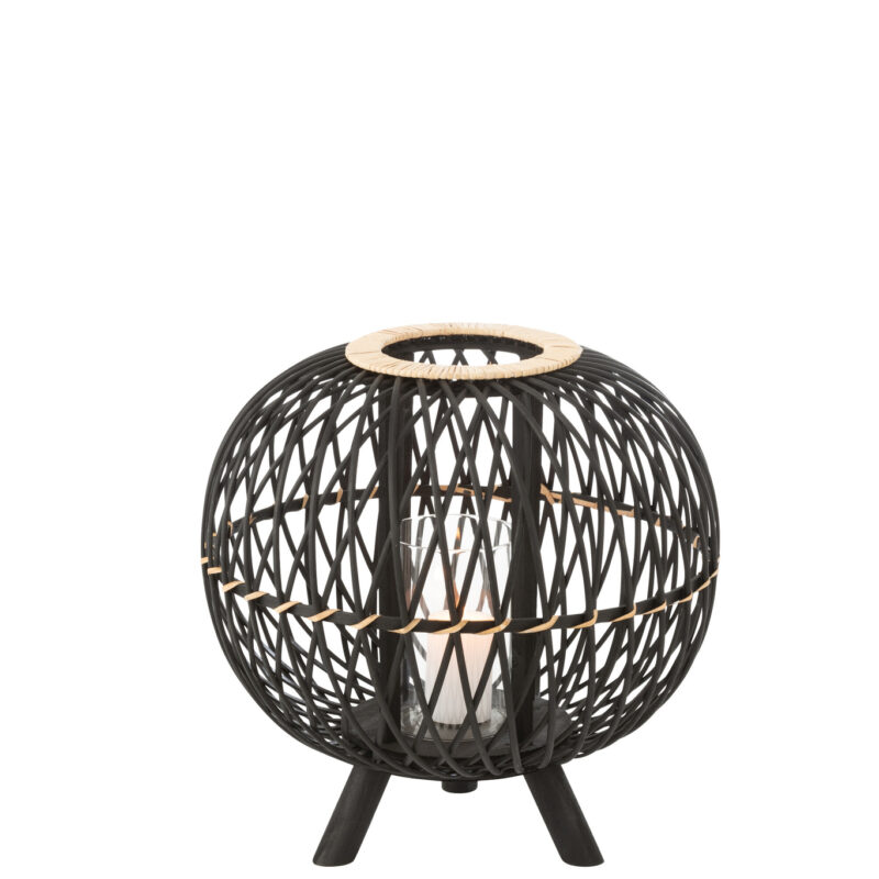 Kugelförmige Laterne auf Sockel aus Bambus in Schwarz Natur