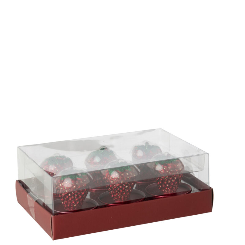 Box mit 6 roten Paraffin Kerzen im Erdbeerdesign