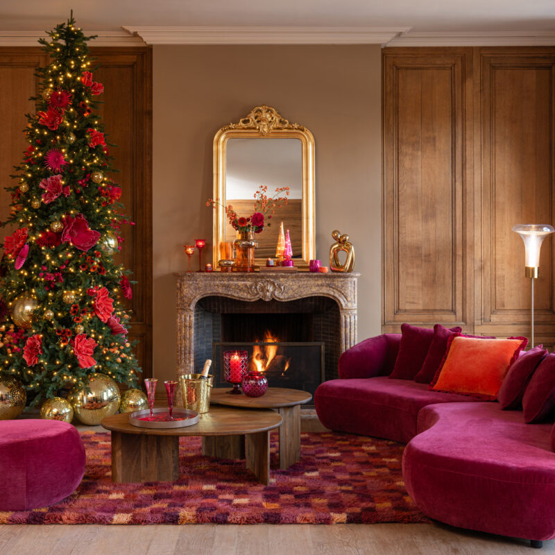 Großer Karo-Teppich in Burgunder und Orange