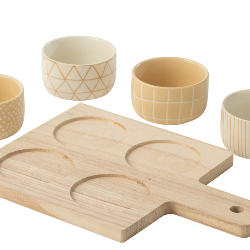 Vierteiliges Tapas-Service mit Paulowniaholz-Tablett in Creme und Elfenbein