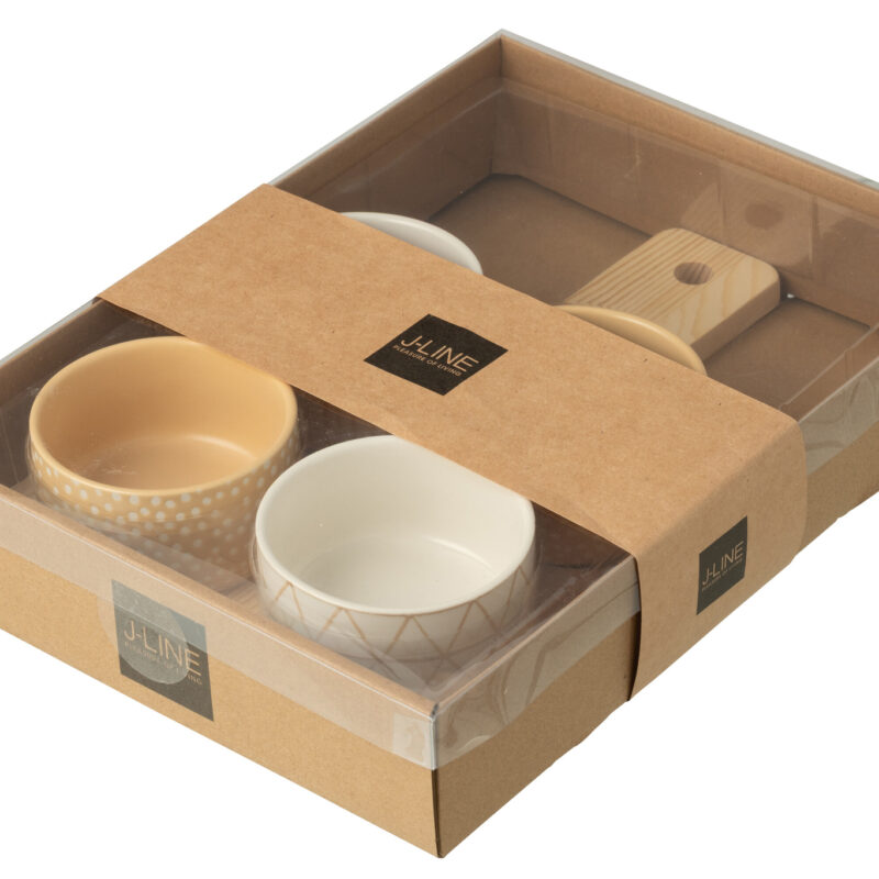 Vierteiliges Tapas-Service mit Paulowniaholz-Tablett in Creme und Elfenbein