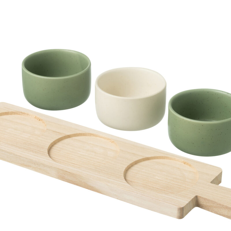 Dreiteiliges Tapas-Set mit Paulownia-Holztablett in Grün und Weiß