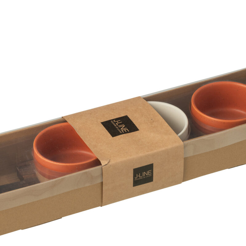 Dreiteiliges Tapas-Service mit Holztablett in Orange und Weiß