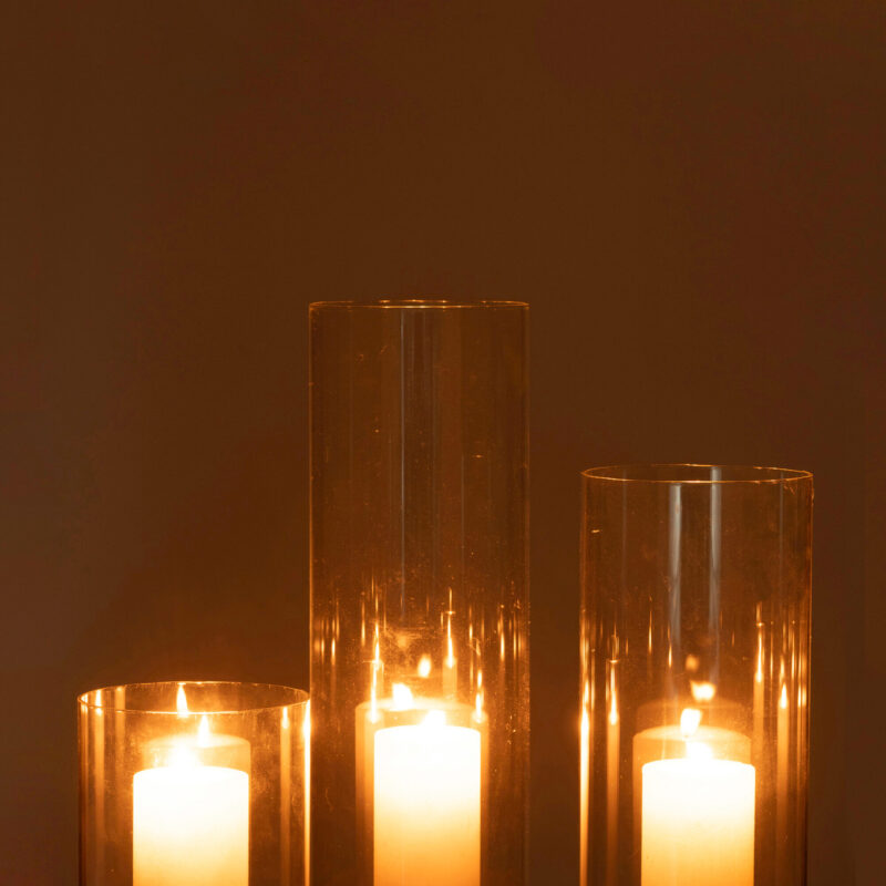 Kerzenhalter Set rund mit Glas und Rattan