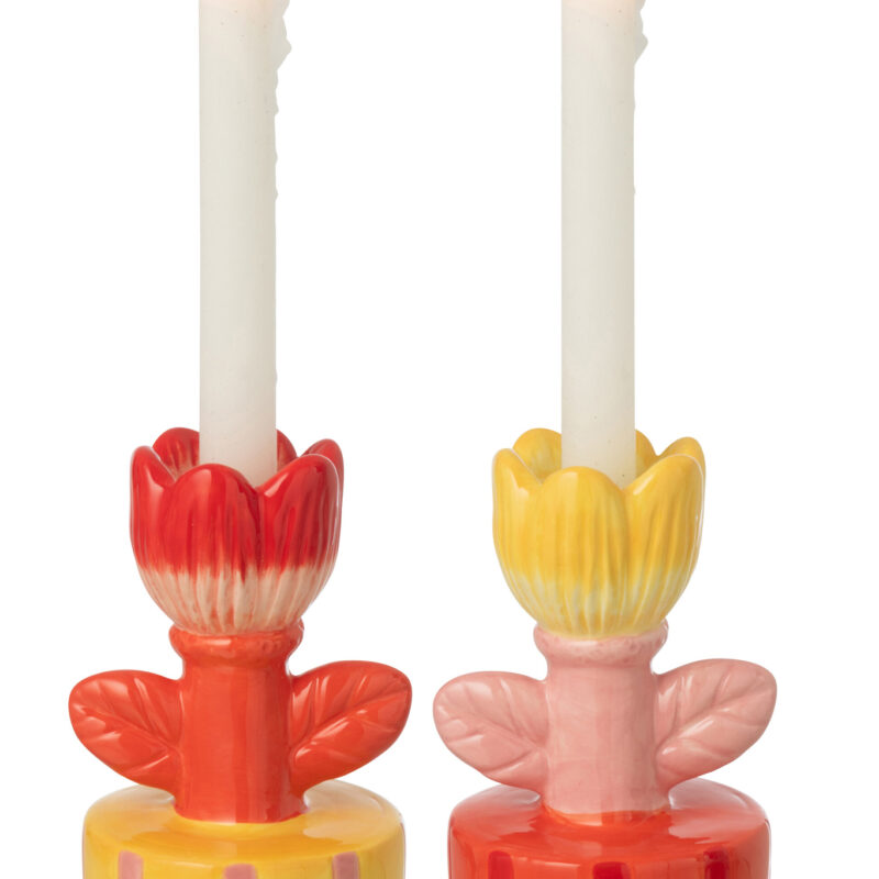 Kerzenhalter auf Sockel Steinzeug Blumenmotiv 2er Set