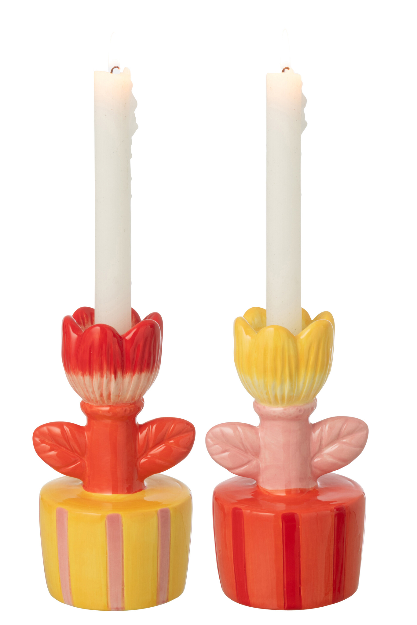 Kerzenhalter auf Sockel Steinzeug Blumenmotiv 2er Set