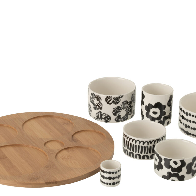 Großes Vorspeisen- und Tapas-Set aus Keramik und Bambus in Weiß und Schwarz