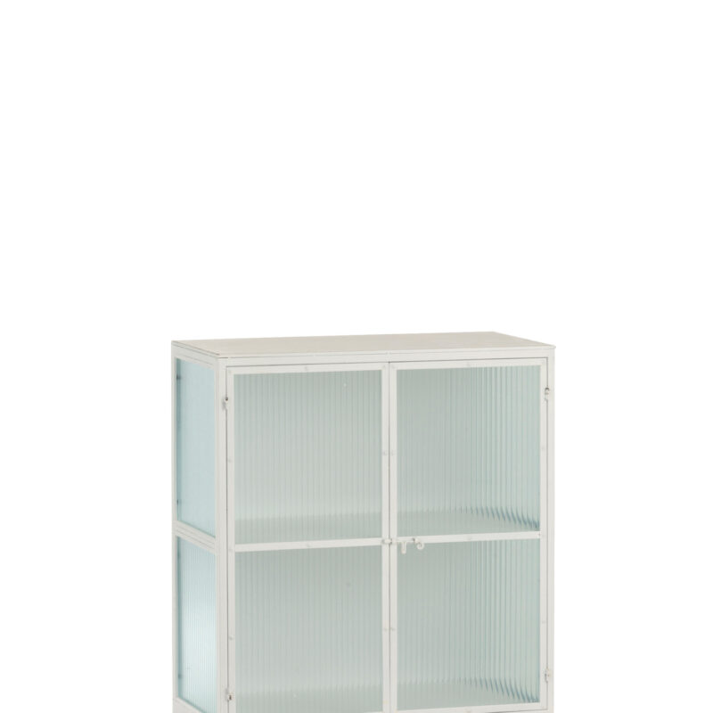 Weißer Metallschrank mit 3 Türen und 2 Schubladen