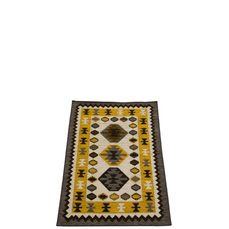 Kleiner ethnischer Teppich in Ocker und Gelb